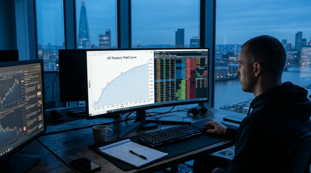 Macro trading desk at dawn with a US Treasury yield curve and a currency order book